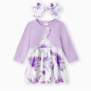 Baby Girl 3pcs Lilac Floral Dress Long-sleeve Purple Cardigan And Headband